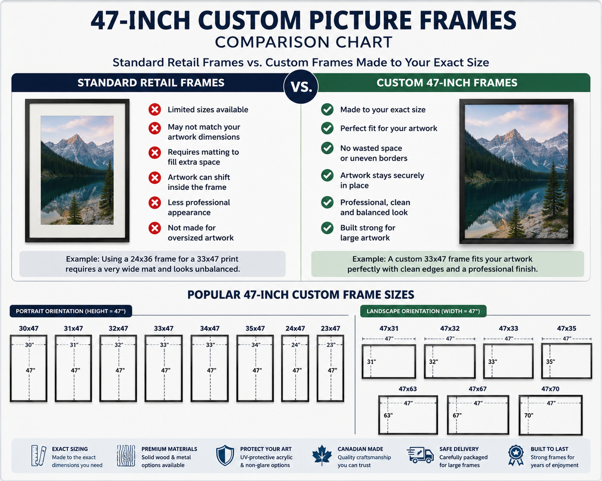 47-Inch Picture Frames: The Complete Guide to Custom Frame Sizes (30×47, 31×47, 32×47, 33×47, 34×47, 35×47, 47×63 & More)